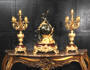 Superb Antique French Louis XV Ormolu Bronze and Rouge Griotte Marble Clock Set